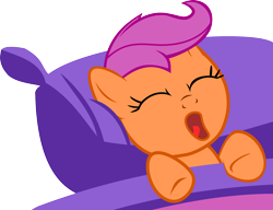 Size: 2000x1533 | Tagged: safe, artist:theoriginalginger, imported from derpibooru, scootaloo, pegasus, pony, bed, cute, female, filly, pillow, simple background, sleeping, solo, transparent background, yawn