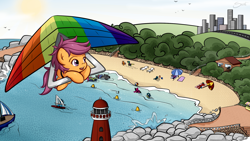 Size: 1920x1080 | Tagged: safe, artist:secret-pony, imported from derpibooru, scootaloo, pegasus, pony, beach, boat, city, cute, cutealoo, female, filly, hang gliding, lighthouse, open mouth, scootaloo can fly, smiling, solo focus, wallpaper, water