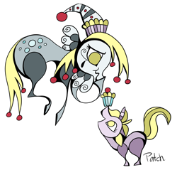 Size: 1426x1365 | Tagged: safe, artist:pashapup, imported from derpibooru, derpy hooves, dinky hooves, pegasus, pony, unicorn, abstract, duo, female, filly, mare, muffin, no pupils, profile, simple background, smiling, white background