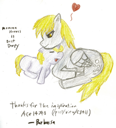 Size: 1440x1578 | Tagged: safe, artist:barbossa, imported from derpibooru, derpy hooves, dinky hooves, pegasus, pony, unicorn, duo, equestria's best mother, female, filly, heart, mare, mother and daughter, nuzzling, prone, traditional art