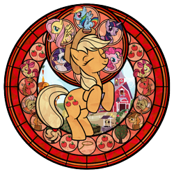 Size: 720x720 | Tagged: safe, artist:akili-amethyst, imported from derpibooru, apple bloom, applejack, big macintosh, braeburn, fluttershy, granny smith, pinkie pie, rainbow dash, rarity, twilight sparkle, earth pony, pony, disney, dive to the heart, eyes closed, female, kingdom hearts, male, mare, rearing, stained glass, stallion