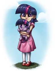 Size: 1545x2000 | Tagged: safe, artist:aphexangel, imported from derpibooru, twilight sparkle, human, pony, unicorn, clothes, cute, dress, duo, female, filly, filly twilight sparkle, holding a pony, human ponidox, humanized, self ponidox, tongue out, twiabetes, younger