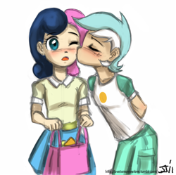 Size: 804x802 | Tagged: safe, artist:johnjoseco, imported from derpibooru, bon bon, lyra heartstrings, sweetie drops, human, blushing, cheek kiss, duo, female, humanized, kiss on the cheek, kissing, lesbian, lyrabon, one eye closed, shipping, simple background, white background, young, younger