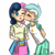 Size: 804x802 | Tagged: safe, artist:johnjoseco, imported from derpibooru, bon bon, lyra heartstrings, sweetie drops, human, blushing, cheek kiss, duo, female, humanized, kiss on the cheek, kissing, lesbian, lyrabon, one eye closed, shipping, simple background, white background, young, younger