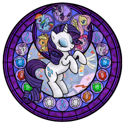 Size: 720x720 | Tagged: safe, artist:akili-amethyst, imported from derpibooru, applejack, fluttershy, pinkie pie, rainbow dash, rarity, sweetie belle, twilight sparkle, pony, unicorn, disney, dive to the heart, female, kingdom hearts, mare, rearing, stained glass