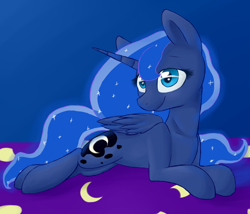 Size: 1050x900 | Tagged: safe, artist:kiruki1999, imported from derpibooru, princess luna, alicorn, pony, female, mare, prone, smiling, solo