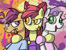 Size: 650x500 | Tagged: safe, artist:putuk, imported from derpibooru, apple bloom, scootaloo, sweetie belle, anthro, abstract background, cigarette, cutie mark crusaders, female, smokerloo, smoking