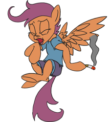 Size: 806x886 | Tagged: safe, artist:smokingsumsoup, imported from derpibooru, scootaloo, anthro, semi-anthro, unguligrade anthro, arm hooves, cigarette, eyes closed, female, simple background, smokerloo, smoking, solo, transparent background