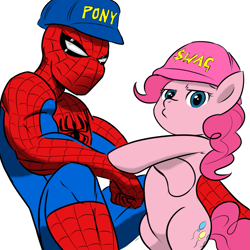 Size: 945x945 | Tagged: safe, artist:kinkycelestia, artist:megasweet, imported from derpibooru, pinkie pie, earth pony, pony, bipedal, duo, female, mare, simple background, spider-man, swag, white background