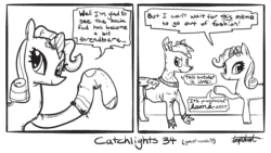 Size: 974x550 | Tagged: safe, artist:ponyshot, deleted from derpibooru, imported from derpibooru, rarity, deer, original species, peryton, pony, unicorn, comic, female, mare, monochrome, sock