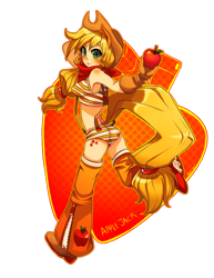 Size: 600x777 | Tagged: safe, artist:bluc, imported from derpibooru, applejack, human, apple, applejack's hat, armpits, boots, cowboy boots, cowboy hat, cutie mark background, eared humanization, female, hat, humanized, looking back, midriff, obligatory apple, rear view, running, simple background, solo, tailed humanization, transparent background