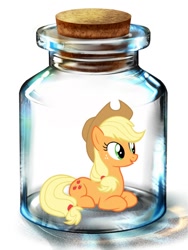 Size: 600x800 | Tagged: artist needed, safe, imported from derpibooru, applejack, earth pony, pony, bottle, female, mare, pony in a bottle, prone, solo