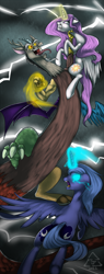 Size: 1138x3000 | Tagged: safe, artist:cat-cly, imported from derpibooru, discord, princess celestia, princess luna, alicorn, draconequus, pony, female, fight, glowing eyes, lightning, male, mare