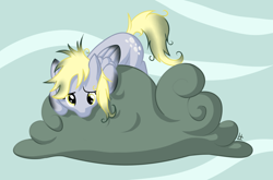 Size: 1280x845 | Tagged: safe, artist:fearingfun, imported from derpibooru, derpy hooves, pegasus, pony, the last roundup, cloud, cute, derpabetes, female, i just don't know what went wrong, looking down, mare, messy mane, singed, solo, stormcloud