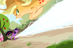 Size: 1200x800 | Tagged: safe, artist:cuteskitty, imported from derpibooru, applejack, twilight sparkle, earth pony, pony, unicorn, fighting is magic, action pose, beam, duo, female, fight, jumping, magic, mare, orchard, tree