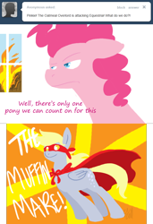 Size: 642x939 | Tagged: dead source, safe, artist:cartoonlion, imported from derpibooru, derpy hooves, pinkie pie, earth pony, pegasus, pony, ask, clothes, costume, female, mare, superhero