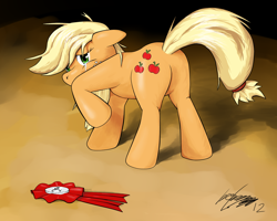 Size: 1280x1024 | Tagged: safe, artist:tk83, imported from derpibooru, applejack, earth pony, pony, butt, crying, female, floppy ears, mare, medal, plot, raised hoof, solo