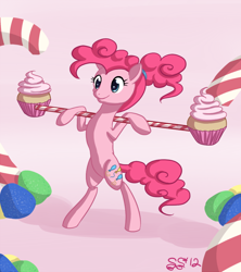 Size: 800x899 | Tagged: safe, artist:alipes, imported from derpibooru, pinkie pie, earth pony, pony, alternate hairstyle, bipedal, cupcake, exercise, female, food, mare, solo, weight lifting