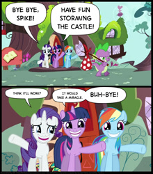 Size: 873x994 | Tagged: artist needed, safe, imported from derpibooru, rainbow dash, rarity, spike, twilight sparkle, dragon, pegasus, pony, unicorn, dragon quest, bindle, female, golden oaks library, have fun storming the castle, male, mare, movie reference, smiling, the princess bride, unicorn twilight, waving