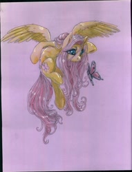 Size: 1280x1674 | Tagged: safe, artist:buttercupsaiyan, imported from derpibooru, fluttershy, butterfly, pegasus, pony, animal, female, flying, mare, solo, traditional art