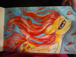 Size: 2560x1920 | Tagged: safe, artist:buttercupsaiyan, imported from derpibooru, fluttershy, pegasus, pony, female, floppy ears, leaf, mare, smiling, solo, traditional art, watercolor painting, windswept mane