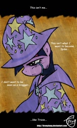 Size: 786x1305 | Tagged: dead source, safe, artist:bronyfang, imported from derpibooru, twilight sparkle, pony, unicorn, cape, clothes, crying, female, hat, mare, sad, solo, the great and powerful, the great and powerful twilight, trixie's cape, trixie's hat