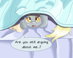 Size: 750x600 | Tagged: safe, artist:ratofdrawn, imported from derpibooru, derpy hooves, pegasus, pony, annoyed, blanket, derpygate, female, hiding, looking at you, mare, solo