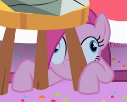 Size: 627x505 | Tagged: safe, imported from derpibooru, screencap, pinkie pie, crab pony, earth pony, pony, party of one, season 1, contemplating insanity, derp, female, mare, meme, pinkamena diane pie, prone, solo