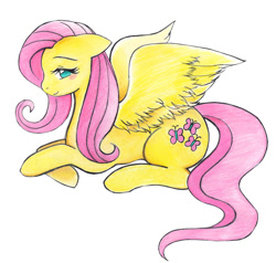 Size: 900x856 | Tagged: safe, artist:rinkulover4ever50592, imported from derpibooru, fluttershy, pegasus, pony, female, floppy ears, mare, prone, simple background, smiling, solo, white background