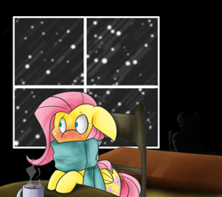 Size: 1223x1080 | Tagged: safe, artist:batlover800, imported from derpibooru, fluttershy, iron will, minotaur, pegasus, pony, clothes, female, floppy ears, male, mare, scarf, snow, snowfall, table, window