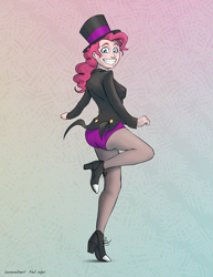 Size: 851x1100 | Tagged: safe, artist:lemondevil, imported from derpibooru, pinkie pie, human, abstract background, breasts, clothes, female, grin, hat, humanized, looking back, pantyhose, pointed breasts, rear view, smiling, solo, top hat, tuxedo