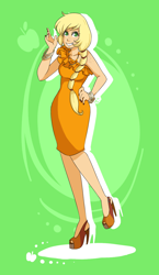 Size: 780x1341 | Tagged: safe, artist:ssenarrya, imported from derpibooru, applejack, human, abstract background, bracelet, clothes, dress, female, high heels, humanized, jewelry, shoes, smiling, solo