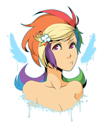 Size: 480x590 | Tagged: safe, artist:ssenarrya, imported from derpibooru, rainbow dash, human, alternate hairstyle, bare shoulders, female, humanized, makeover, simple background, solo, transparent background