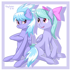 Size: 850x850 | Tagged: safe, artist:skykain, imported from derpibooru, cloudchaser, flitter, pegasus, pony, bow, duo, female, hair bow, mare, sitting