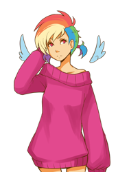 Size: 480x640 | Tagged: safe, artist:ssenarrya, imported from derpibooru, rainbow dash, human, clothes, female, humanized, pigtails, simple background, solo, sweater, transparent background