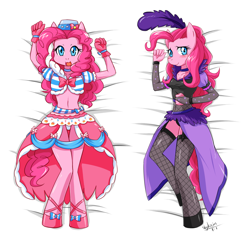 Size: 1200x1200 | Tagged: safe, artist:skykain, imported from derpibooru, pinkie pie, anthro, unguligrade anthro, belly button, black underwear, blushing, body pillow, body pillow design, breasts, clothes, cute, diapinkes, dress, female, fishnets, gala dress, looking at you, mare, midriff, on back, panties, saloon pinkie, skirt, solo, underwear, upskirt, white underwear