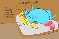 Size: 988x665 | Tagged: safe, artist:ross irving, imported from derpibooru, carrot cake, cup cake, earth pony, pony, bed, colored sketch, fat, female, male, mare, obese, stallion, stuck, thick cup cake