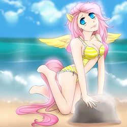 Size: 2000x2000 | Tagged: safe, artist:treacly, imported from derpibooru, fluttershy, human, beach, bikini, clothes, colored pupils, female, high res, humanized, solo, swimsuit, tailed humanization, winged humanization