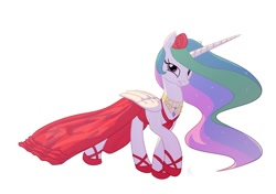 Size: 1158x814 | Tagged: safe, artist:carnifex, imported from derpibooru, princess celestia, alicorn, pony, :t, backlighting, bedroom eyes, clothes, dress, female, flower in hair, jewelry, looking at you, mare, necklace, raised hoof, rose, simple background, smiling, solo, white background