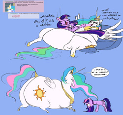 Size: 825x768 | Tagged: safe, artist:ross irving, imported from derpibooru, princess celestia, twilight sparkle, alicorn, pony, unicorn, aroused, blushing, butt, chubbylestia, colored sketch, crown, ethereal mane, ethereal tail, fat, female, implied lesbian, implied shipping, implied twilestia, impossibly large butt, jewelry, lesbian, mare, morbidly obese, obese, plot, regalia, shipping, sunbutt, tail, unicorn twilight