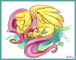 Size: 1478x1162 | Tagged: safe, artist:pashapup, imported from derpibooru, fluttershy, pegasus, pony, abstract background, female, mare, sleeping, smiling, solo