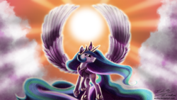 Size: 2000x1125 | Tagged: safe, artist:esuka, imported from derpibooru, princess celestia, alicorn, pony, backlighting, cloud, cloudy, crepuscular rays, featured image, female, flying, large wings, mare, smiling, solo, spread wings, wings