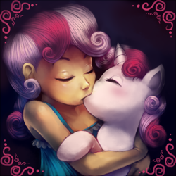 Size: 800x800 | Tagged: safe, artist:crookedtrees, artist:megasweet, imported from derpibooru, sweetie belle, human, pony, unicorn, duo, female, filly, human on pony action, human ponidox, humanized, humanized human on pony action, interspecies, interspecies selfcest, kiss on the lips, kissing, lesbian, self ponidox, selfcest, shipping, sweetcest, sweetiebelles