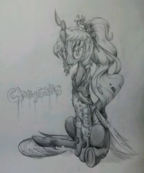 Size: 945x1133 | Tagged: safe, artist:discommunicator, imported from derpibooru, queen chrysalis, changeling, changeling queen, alternate hairstyle, clothes, female, looking at you, monochrome, sitting, smiling, solo, traditional art