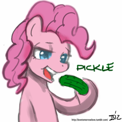 Size: 805x805 | Tagged: safe, artist:johnjoseco, imported from derpibooru, pinkie pie, earth pony, pony, eating, female, herbivore, mare, one word, pickle, solo