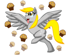 Size: 1024x791 | Tagged: safe, artist:thelonecrow, imported from derpibooru, derpy hooves, pegasus, pony, female, mare, muffin, simple background, solo, spread wings, transparent background, wings