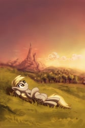 Size: 800x1200 | Tagged: safe, artist:kp-shadowsquirrel, imported from derpibooru, derpy hooves, pegasus, pony, color porn, cute, female, mare, on back, scenery, solo, sweet dreams fuel