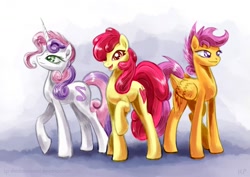 Size: 1200x850 | Tagged: safe, artist:kp-shadowsquirrel, imported from derpibooru, apple bloom, scootaloo, sweetie belle, earth pony, pegasus, pony, unicorn, cutie mark crusaders, female, gradient background, happy, hilarious in hindsight, mare, older, older apple bloom, older scootaloo, older sweetie belle, smiling