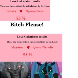 Size: 1490x1495 | Tagged: safe, imported from derpibooru, queen chrysalis, changeling, changeling queen, female, looking at you, looking down, love calculator, megatron, meta, red eyes, transformers, vulgar