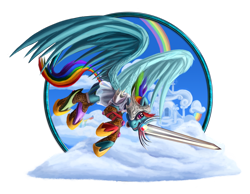 Size: 1024x795 | Tagged: safe, artist:tsitra360, imported from derpibooru, rainbow dash, pegasus, pony, armor, female, flying, mare, mouth hold, simple background, solo, sword, transparent background, weapon